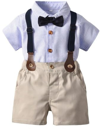 UUAISSO Enfant en Bas âge Bébé Garçon Gentleman Tenues à Manches Courtes Body Chemises Jarretelles Pantalon été Infantile Petit Garçon Costumes rayures bleues 3-4 ans