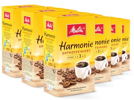 Melitta Harmonie Entkoffeiniert Filter-Kaffee 12 x 500g, gemahlen, Pulver für Filterkaffeemaschinen, koffeinfrei, milde Röstung, geröstet in Deutschland, im Tray