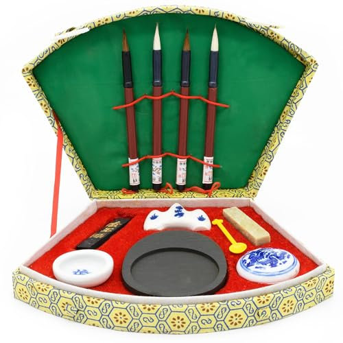 Zen minded kinesisk kalligrafi och orientalisk bläckskrivning/målarset - inkluderar 4 borstar, bläcksten, tätning - liten