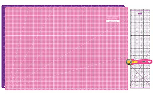 SEMPLIX Skärmattor set – skärunderlägg 90 x 60 cm (A1), rullskärare maxi 45 mm, Patchwork linjal 60 x 15 cm (rosa/lila)