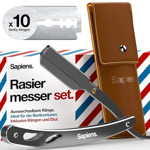 Sapiens Barbershop Rasoir Barbe Homme - Rasoir Coupe Choux Barbe + 20 Demi-Lames de Rasoir Derby + Pochette de Transport - Rasoir de Barbier à Lame Interchangeable - Straight Razor