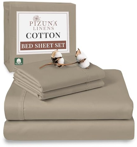 Pizuna 100% Cotton Double Bed Sheet Set Simply Taupe 400 Thread Count | 400 Thead Count Long Staple Cotton Bedding, 230x280 cm, Soft Sateen 4 Pc - Fitted Sheet & 2 Pillowcases