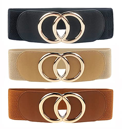 Swtddy Women's Elastic Wide Stretchy Waist Cinch Belt Waistband For Dresses (Suit For Waist Size 27-35, Golden O Design Black+Khaki+Camel)