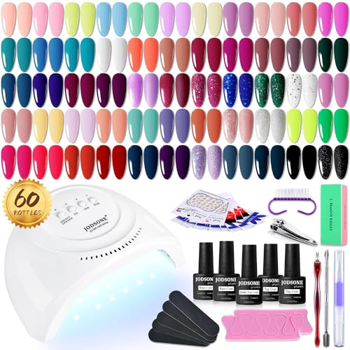 JODSONE Kit de esmalte de uñas de gel, 60 piezas con luz UV, base empapada, capa superior, esmalte de gel, 55 colores brillantes, kit de uñas de gel, marrón brillante y oscuro, serie rojo vino