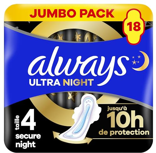 Always Ultra Serviettes Hygiéniques, Taille 4, Secure Night, 18 Serviettes Avec Ailettes, Flux Abondants Nuit, Max Confort, Super Absorbantes et Ultra Fines