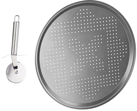 Chef Aid Pizza Cutter Wheel Stainless Steel with Finger Guard – Sharp, Non Slip Cutting Wheel, Dishwasher Safe with Hanging Loop + Chef Aid Pizza Pan Perforated 32cm Diamater Tray