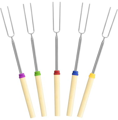 5 Pack Marshmallow Roasting Sticks Set, Extendable 32in Long Metal Barbecue Skewers with Wooden Handle, for Marshmallow, Hot Dogs, Camping, BBQ, Grill