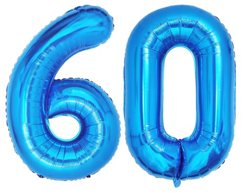 Ponmoo 40 inches Foil Balloons Numbers 60 Blue (101cm), Inflatable Helium or Air, Giant Balloon Number 0-9, 10-29, 30-100, Grand Balloons for Anniversary Wedding Birthday Party Decoration