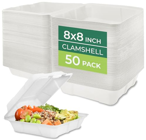 Freshware Compostable Clamshell Food Containers - 8x8 50-Pack, Biodegradable Sugarcane To Go Boxes, Heavy Duty Paper Container - Microwave & Freezer Safe, Stackable