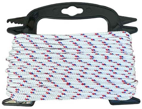 eacommerce - Corda in Polipropilene Alta Tenacità 16 Fusi Multiuso | Anti UV | Ideale per Nautica, Bianco con Segnalino Rosso/Blu, 5 mm, 20 metri