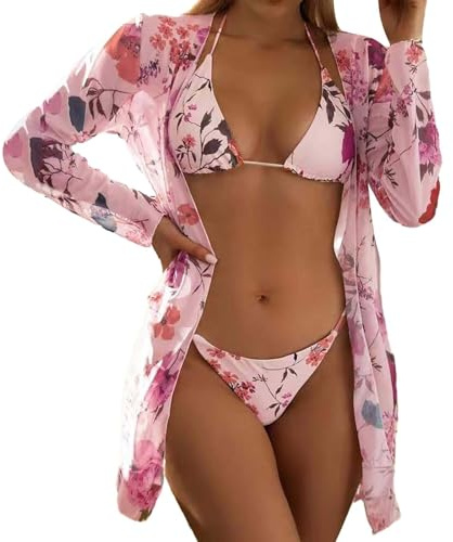 Maillot De Bain Transbronzant Ensemble 3 pièces imprimé Floral très Extensible, Maillot de Bain Triangle, col Licou, Bretelles à Nouer, Bikini et Manches Maillot De Bain Femme Ronde (Pink, M)