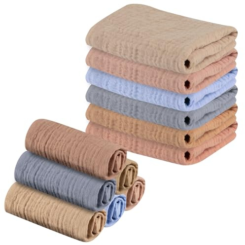 DASHUAIGE 12 Pack Baby Muslin Squares Baby Muslin Cloths Washcloths Natural Cotton Baby Wipes Baby Essentials for Newborn Baby Wiping Bathing Feeding