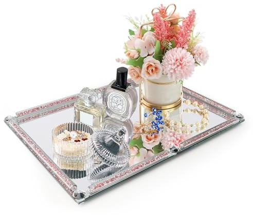 YCWF Bandeja Grande de Perfume con Espejo para tocador, Bandeja de tocador de Vidrio Rosa con Relleno de Diamante triturado, Bandeja Decorativa de baño, Bandeja de Cristal para decoración del hogar