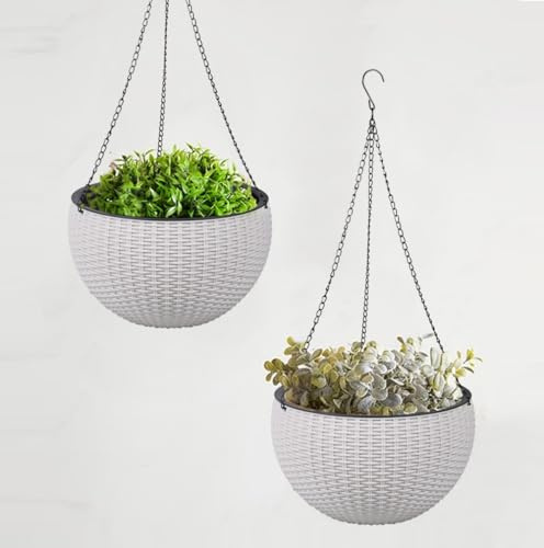 Windor Home Co rotting hängande växt kruka set 2 vit – hållbar harts rottingeffekt stor 26 cm diameter paket 2