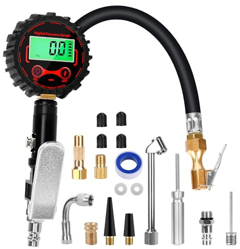 Manometro Pressione Gomme, Manometro Digitale 3~250 PSI Alta Precisione Pistola Gonfiaggio Pneumatici con Display LCD e luce LED, 4 Unità di Misura e Accessori Adatto per Auto, Moto, Biciclette