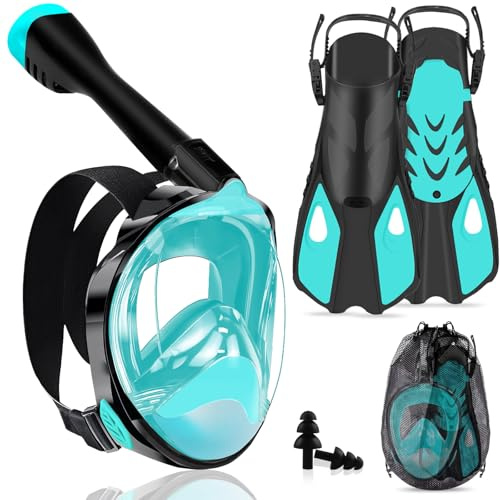 Joellfuner Set da Snorkeling per Adulti, Maschera Subacquea Integrale, 180° Visuale Panoramica, Anti-Appannamento e Anti-perdite, Pinne Regolabili, Adatto alle Immersioni e al Nuoto (Verd, L/XL)