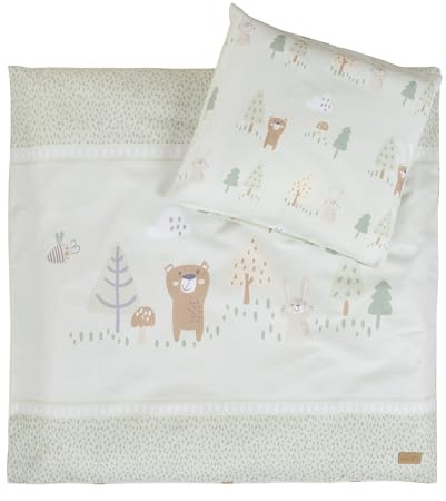 roba Ropa de Cuna Woodland Buddies - Edredón 80 x 80 cm + Funda de Almohada 35 x 40 cm - Algodón Suave - Verde Pastel con Oso, Conejo & Abeja