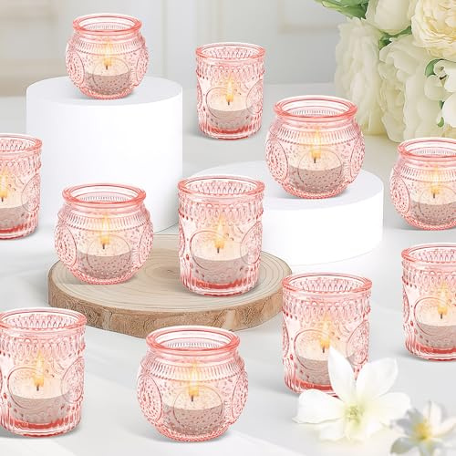 Votive Candle Holders Set of 24, Glass Candle Holders Bulk for Wedding Home Decoration, Tea Lights Candles Holder for Wedding Shower, Party & Gift (pink)