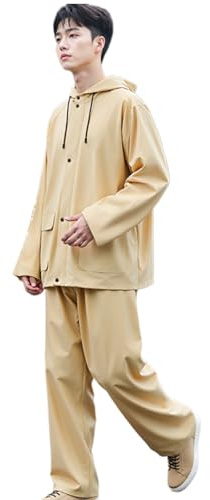 Flkiglm Ropa de lluvia para hombres | Trajes de lluvia con capucha impermeables, chaquetas ligeras pantalones, monos reutilizables para senderismo, camping, equitación, trabajo, caqui, L