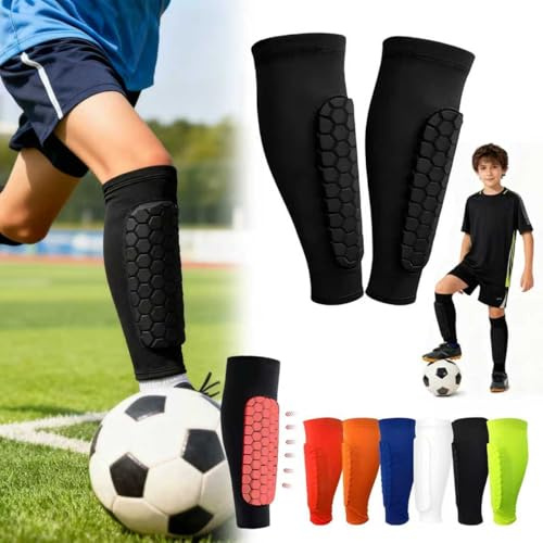 Football Shin Pads Guards for Boys Girls, Shin Guards for Defender Honeycomb Compression Sleeve for Superior Impact Absorption, Elastic Breathable Knit, Lightweight Comfortable Fit Soccer