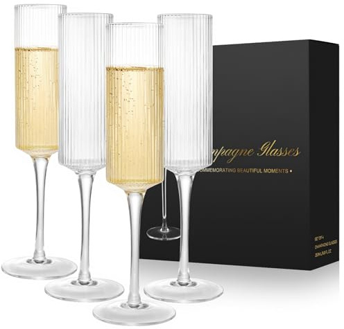Set di 4 calici da champagne, 250 ml, bicchieri da prosecco in cristallo a righe verticali, per champagne, prosecco, spumante, eleganti regali per sposa, sposo, coppia, anniversario di matrimonio