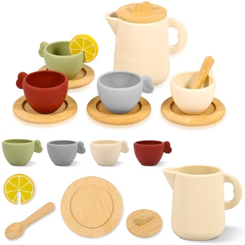 Juego de té para niños, 13/14 piezas, accesorios de cocina infantil, juego de té para niños, accesorios de cocina de madera, silicona, vajilla para muñecas de porcelana, juego de rol para fiestas de