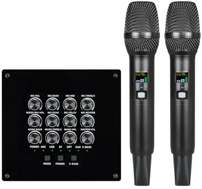Tosuny Trådlös Mikrofon Karaoke Mixer System, Dubbel Handhållen Trådlös Mikrofon för Karaoke, TV, PC, Högtalare, Förstärkare, Stöd HDMI, AUX & Optisk In/Out