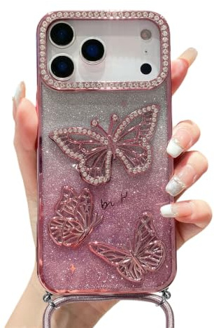 Emlivi Mobiltelefonkedja fodral för iPhone 13 med band, 3D-fjäril, bling, diamant, mobiltelefonfodral med snöre, justerbart snodd, transparent, mjuk, TPU, stötsäkert skyddsfodral för iPhone 13, rosa