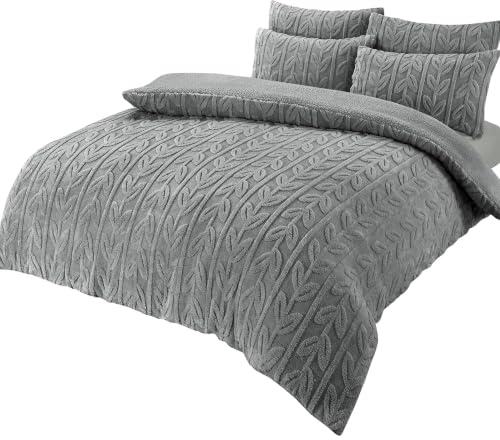Olivia Rocco Leaf Teddy Fleece Duvet Cover Set Easy Care Quilt Bedding Sets with Pillow Case Thermal Warm Cosy Super Soft Fluffy Comforter Bed linens (Grey, Super King)