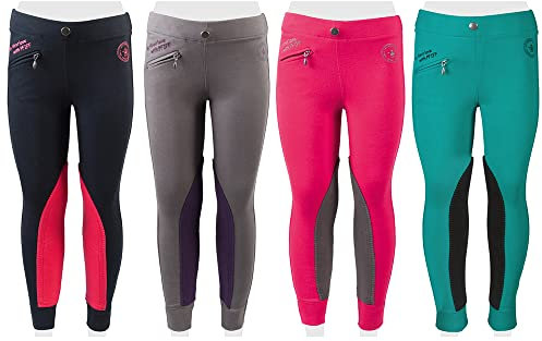 PFIFF 102603 Kinder Reitleggings Ella Stoff Besatz Reithose Mädchenreithose, Pink / Grau 110