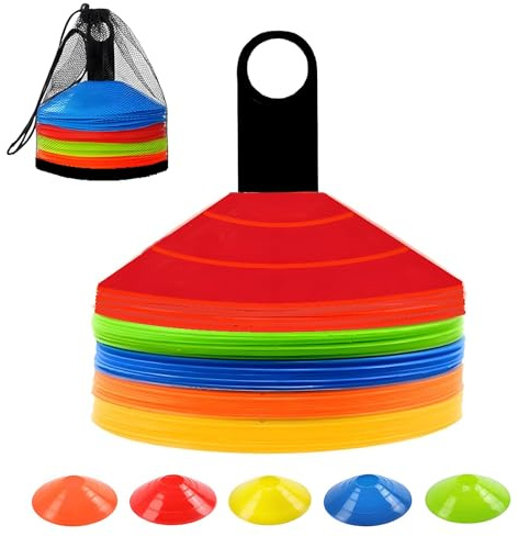 ANSLYQA Soccer Cones (Set of 50), Agility Training Disc Cone with Carry Bag and Holder for Football Basketball Sports Field Cone Markers, (5 Colors)