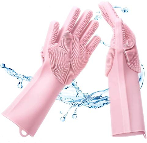 Keenwo Premium Silikon Reinigungs Handschuhe mit Bürste zum Geschirr spülen (Rosa) - Noppen Oberfläche zur optimalen Reinigung von Geschirr und Küchengeräten