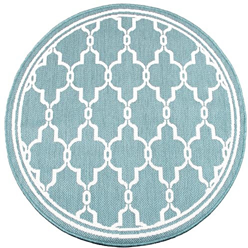 Lord of Rugs Terrace Spanish Tile Pattern Outdoor Circle Round Rug Floor Mat Medium Carpet 120x120 cm (4x4') Teal