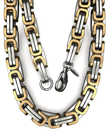 Fly Style Byzantiner Königskette Gold+Silber Edelstahl - Halskette Herren 18 Karat teil-vergoldete Kette - 9mm breit, 45cm lang