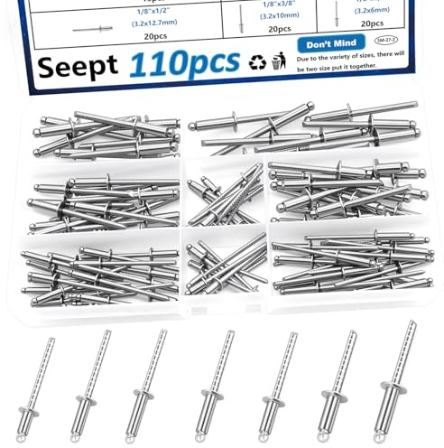 Seept 110pcs Steel Rivets 7-Sizes 304 Stainless Steel Rivets Assortment Kit 1/8,5/32,3/16 for Metal,Furniture,Automotive,Instruments