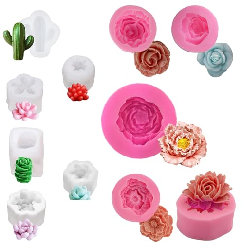 11 Stück Sukkulenten Silikonform Blumenformen, Kaktus Harz Form Blüte Rose Silikonkerzenform für DIY handgemachte Seife Kuchen Dekoration Kerze machen Epoxidharz Polymer Ton Dessert Schokolade