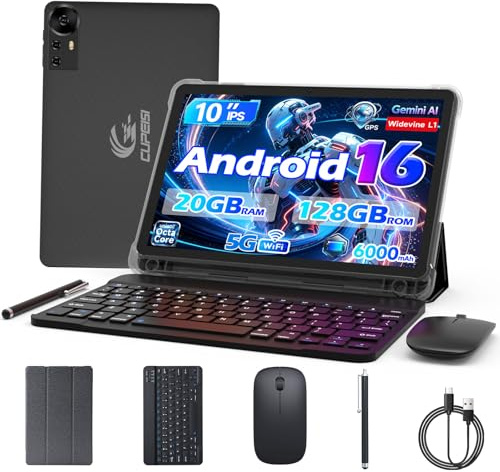 CUPEISI Android 15 Tablet 10 Inch, 20GB RAM+128GB ROM/2TB Expandable, 2.0GHz Quad-core Processor, 1280*800 HD Screen, 5G WiFi6 BT 5.0, 2 in 1 Tablets with Keyboard Case Mouse Stylus, Widevine L1 Black
