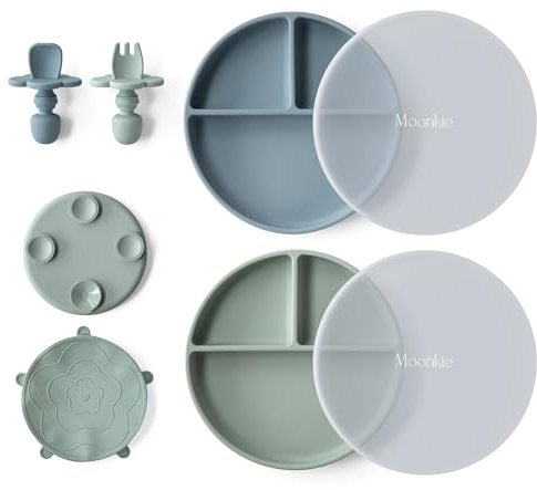 Moonkie 2pc Silikon Kinderteller mit Deckel, Baby teller mit Saugnapf, BPA-freie Rutschfest Geteilte Geschirr Set mit Gabeln und Löffel, Mikrowellen und Spülmaschinenfest(Mint/Hellblau)