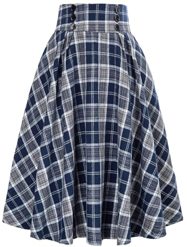 DayaEmmoTQ Señoras Largo Vintage Elegante Invierno A-Line Cintura Alta Midi Falda Plisada Casual Enagua Elástica Círculo Otoño Escocesa Swing Grande
