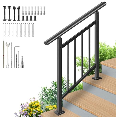 Bobolish Upgrade 2 in 1 3 Step Stair&Horizontal Handrails, Adjustable 40x38 Stair Railing Kits, Black Wrought Iron Hand Rails for Outdoor Steps,Concrete Step, Porch Railing, with Installation Kit
