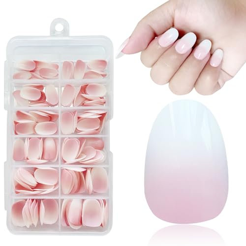 Unghie Finte- Bara Corta French Nails, Tip in Gel per Unghie French Artificiali Fake Nail Tips Stick, 168 Pezzi Nail Art DIY per Donne e Ragazze, Marrone (Almond Gradient Pink)