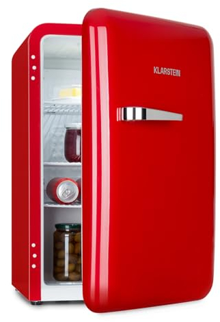 Klarstein Audrey Mini - Small Fridge, Compact mini bar, Free-Standing, Compression Cooling, Capacity, Cooling: 0-10 °C, mini Fridge with 70 Litre Capacity, red