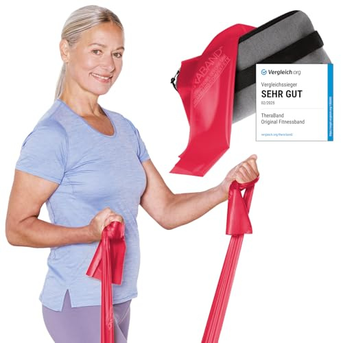 TheraBand 2,50m inkl. Türanker + Tasche rot | Widerstand 1,7kg | Terrabänder | Gymnastikband | Fitnessband | Stretchband | Heimtraining, Krafttraining, Rückenübungen, Therapie, Reha | 100% Naturlatex