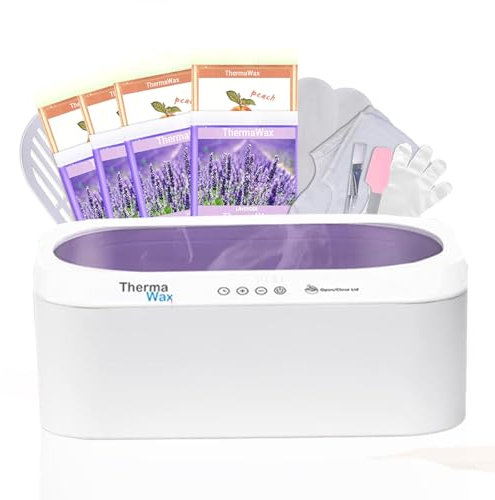 ThermaWax Paraffin Wax Machine | Auto Lid for Hands, Feet & Elbows |20-Minute Quick Melt |Precision Temperature Control | Includes 8 Refills(4-Peach, 4-Lavender),Cotton Gloves,Booties,Brush, & Spatula