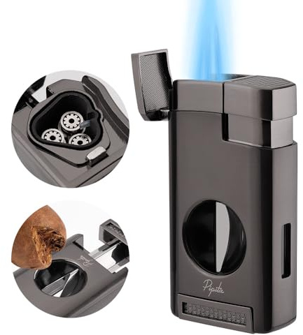 PIPITA Cigar Torch Lighter with V Cutter,Windproof 3 Jet Flame Firelighters,Refillable Butane Gas Cigar Lighters Metal Pocket lighter for Men Gifts(Without Gas)