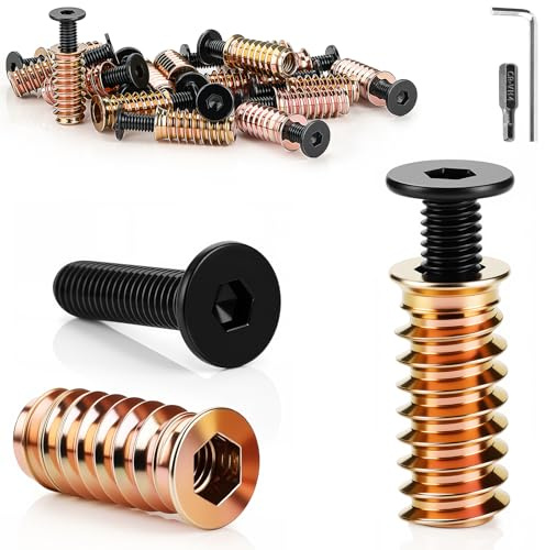 TXXATX 24 Pièces M6 Vis Tete Plate Inclure M6x20 mm Boulon M6x20 mm Filetage Bois Insert Bois avec Clé à Six Pans Bit à Six Pans H4 pour Connexions de Meubles en Bois DIY
