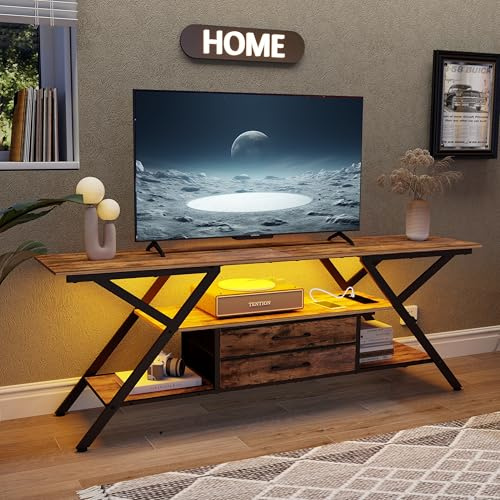 Trironsun Mueble rústico para TV hasta 55 pulgadas con consola de TV, estante de TV, luz LED, 2 compartimentos de almacenamiento, cajones de tela, centro de entretenimiento para dormitorio, salón