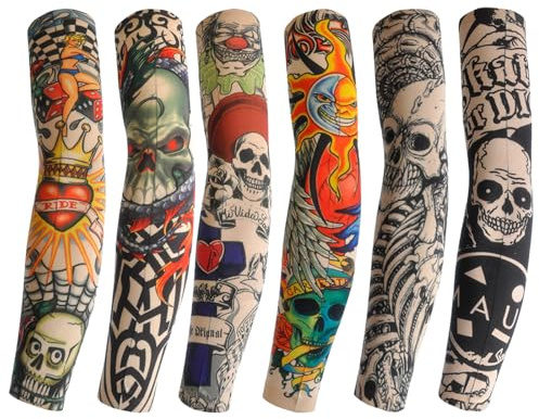 6 pezzi di tatuaggi finti,maniche tatuate da uomo,set da uomo,manicotti finti con protezione solare,calze per le braccia,tatuaggi temporanei per costumi da rockstar,carnevale,feste di carnevale