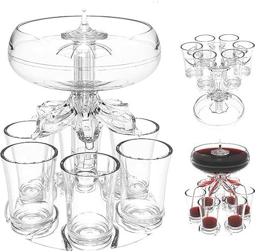Party Getränkespender mit 6 Schnapsgläsern Set - Spiel Schnapsglas Spender Acryl Touchless Schnapsausgießer für Saft Spirituosen Apfelwein Whiskey Cocktail, Fun Bar Zubehör Home Geschenke (Transparent