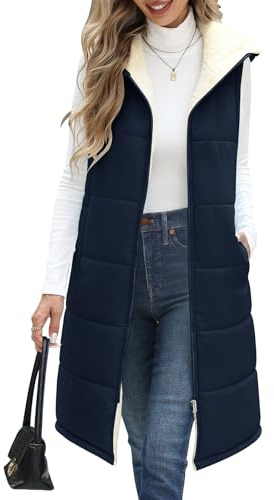 Yuson Girl Chaleco Mujer Chaqueta Invierno Largo Chalecos sin Mangas Vestir Moda Grueso Abrigos de Para Capucha Exteriores Acolchados Calentador Chaquetón con Cremallera(Azul oscuro Azul marino, M)